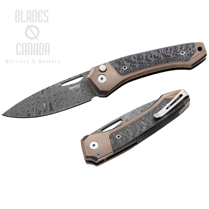Lion Steel Twain Button Lock Folding Knife, Damascus, Titanium Bronze/CF, TW D BR